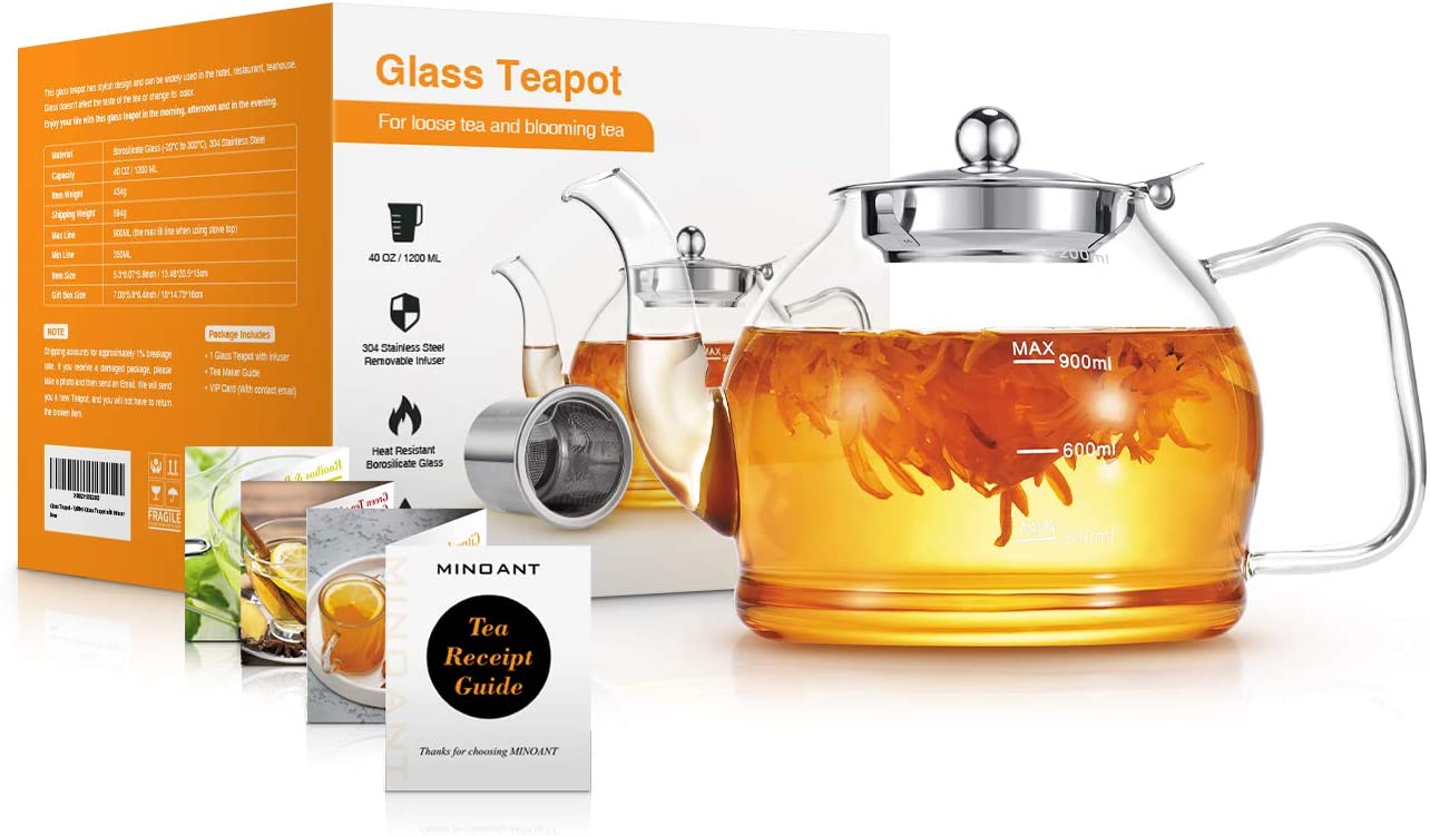 MINO ANT Tea Set ¨C 1200ml Glass Teapot with Removable Stainless Steel Infuser, and 4 Glass Teacups, Stovetop Safe Tea Kettle Gift Set, Blooming and Loose Leaf Tea Maker Set