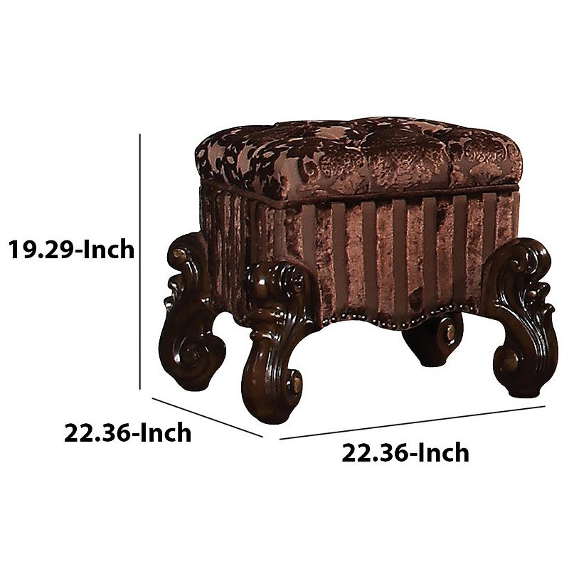 Tufted Fabric Upholstered Wooden Vanity Stool with Scrolled Legs， Cherry Oak brown