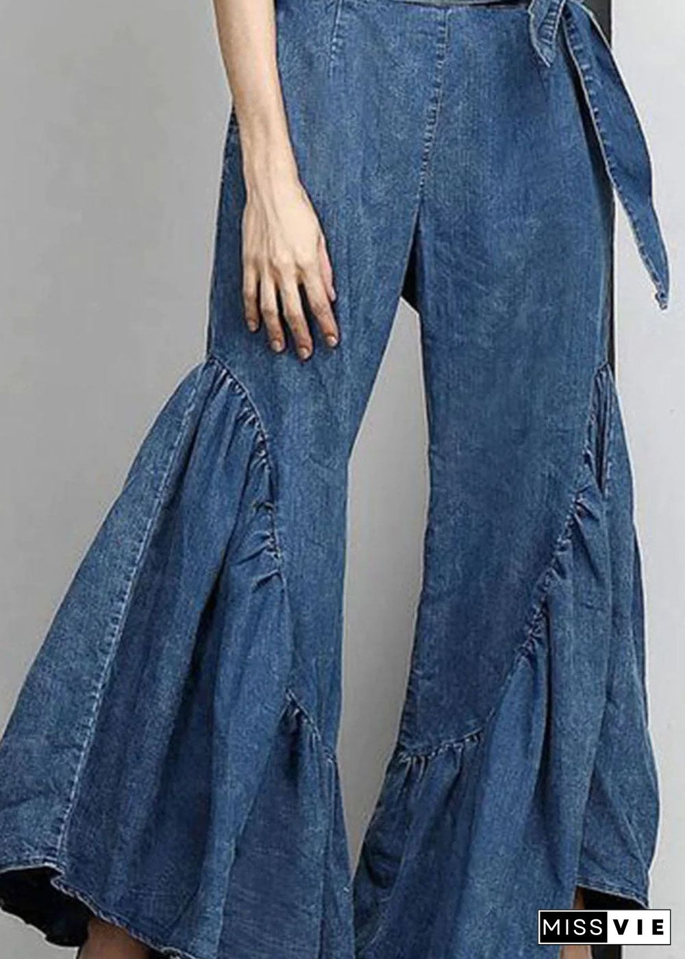 Italian Blue Ruffled Bow Waist Patchwork Denim Pants Summer