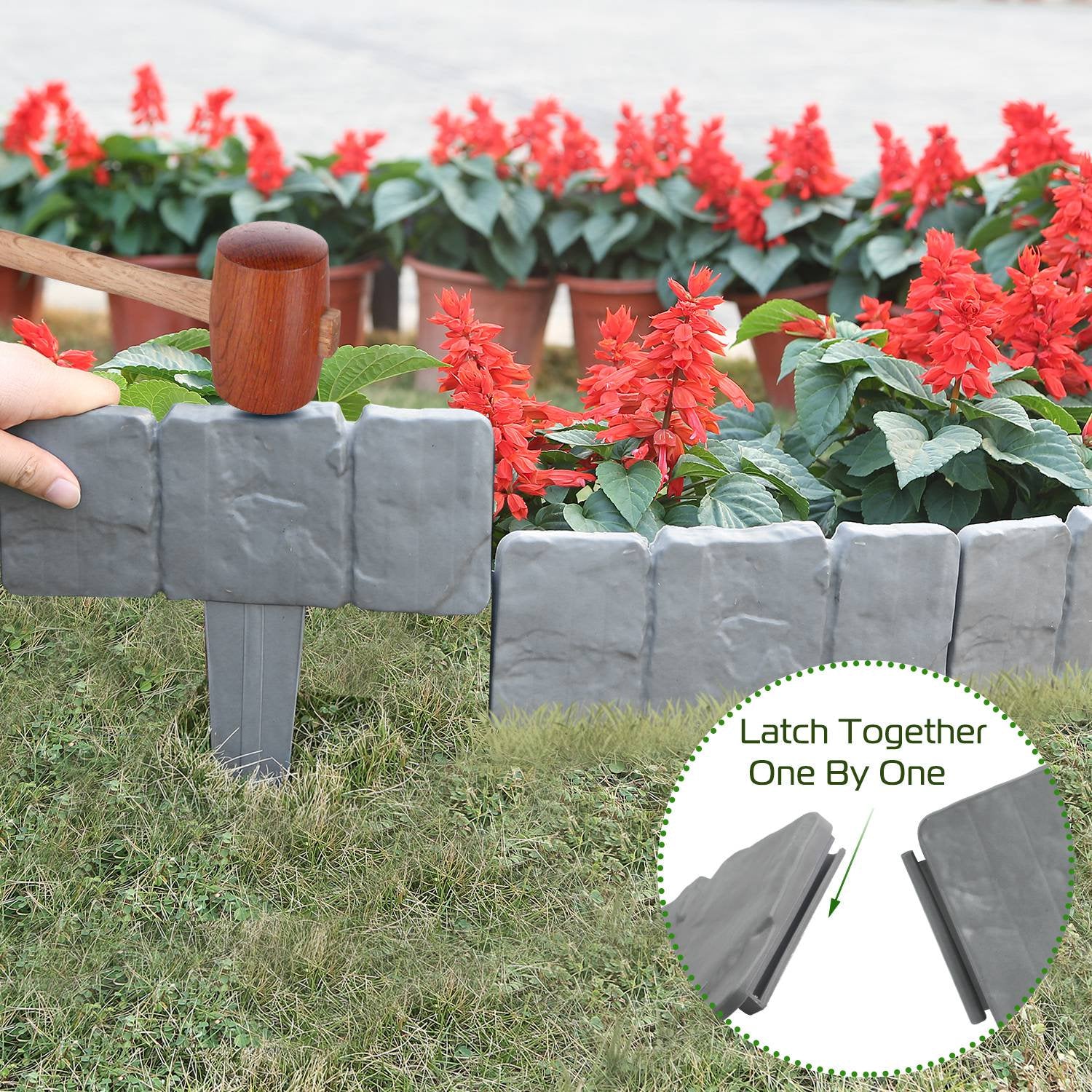 iMounTEK 20Pcs Garden Edging Border Flower Bed Landscape Stone Effect Fence for Lawn Patio Yard Grey