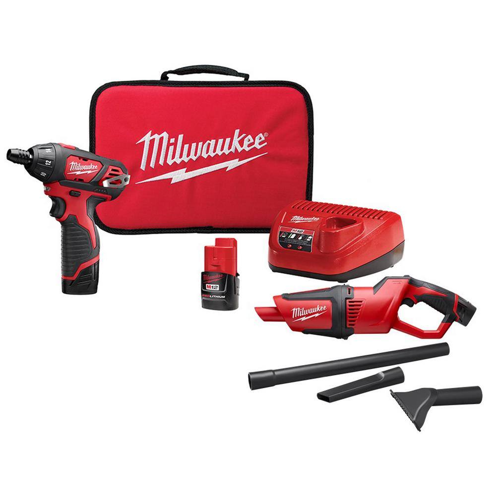 MW M12 12V Lithium-Ion Cordless 14 in. Hex Screwdriver Kit with M12 Lithium-Ion Cordless Compact Vacuum 2401-22-0850-20