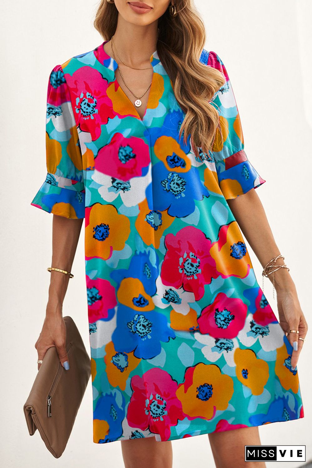 Multicolor Split V Collar Ruffle Sleeve Floral Shift Dress