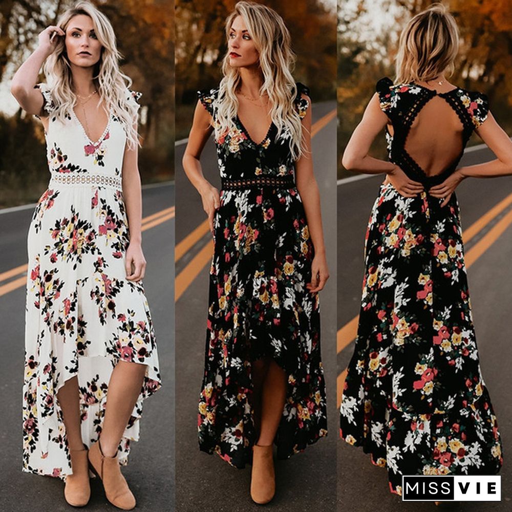 Summer Women Lace Hollow Backless Irregular Floral Long Beach Dress