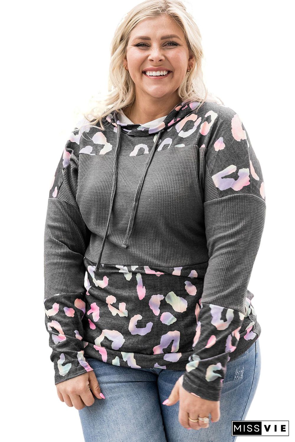 Gray Plus Size Leopard Waffle Knit Hoodie