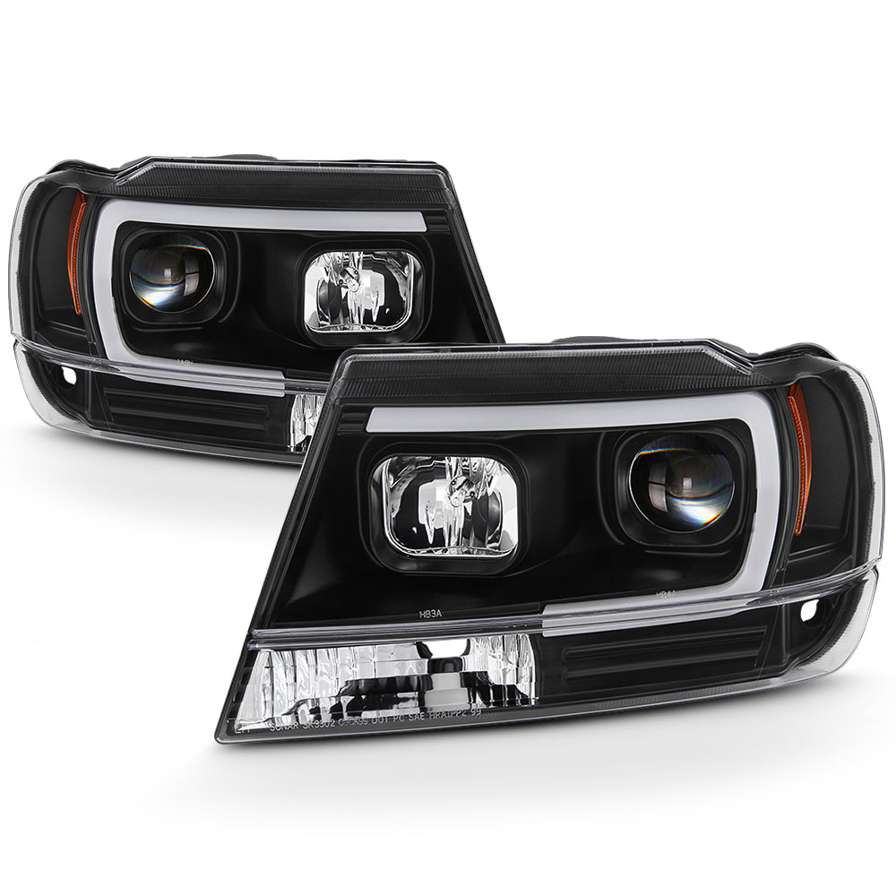 Fits 1999-2004 Jeep Grand Cherokee Black Full LED DRL Tube Projector Headlights