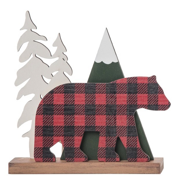 Transpac Wood 7 95 In Multicolored Christmas Festive Cabin Tartan Bear With Mountains Decor