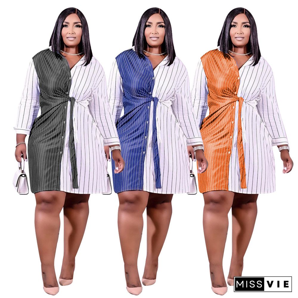 Plus Size Autumn Clothes Stripe Patchwork Buttons Casual Long Sleeve Loose Office Lady Shirt Midi Dresses