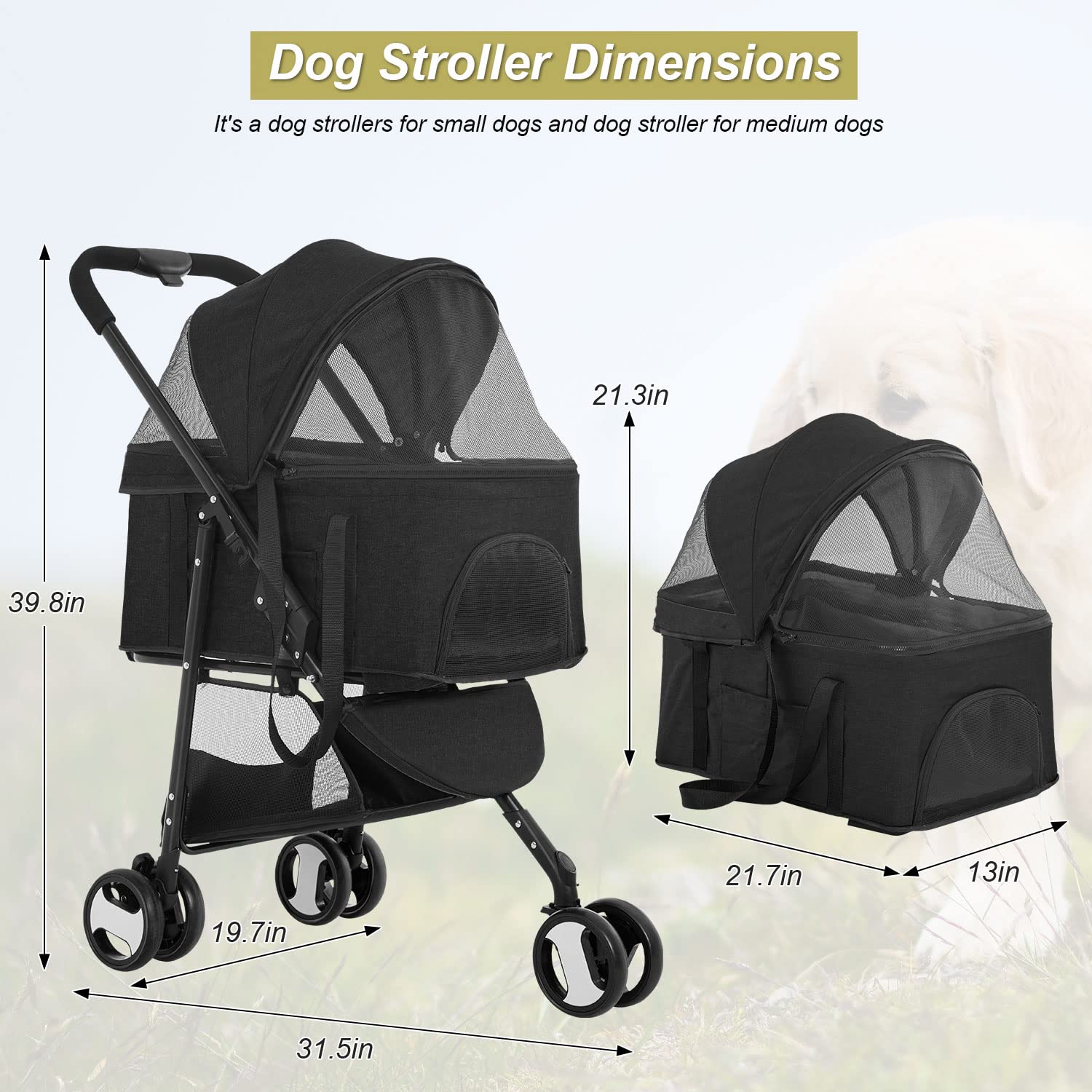 Dkelincs Pet Stroller， 3 Wheels Folding Dog Stroller for Medium Dogs with Detachable Carrier， Black