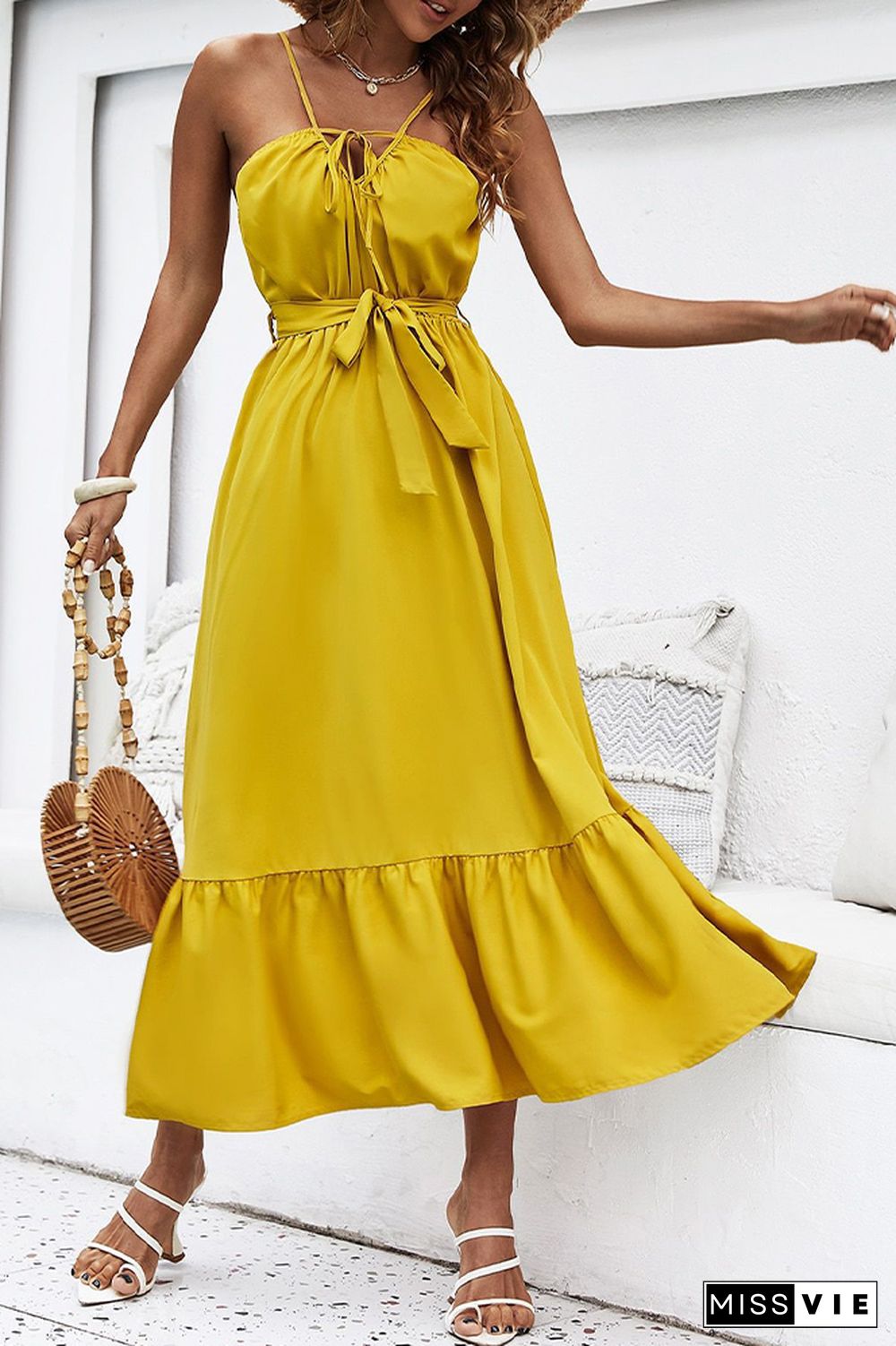 Yellow Sleeveless Swing Long Dress Wholesale