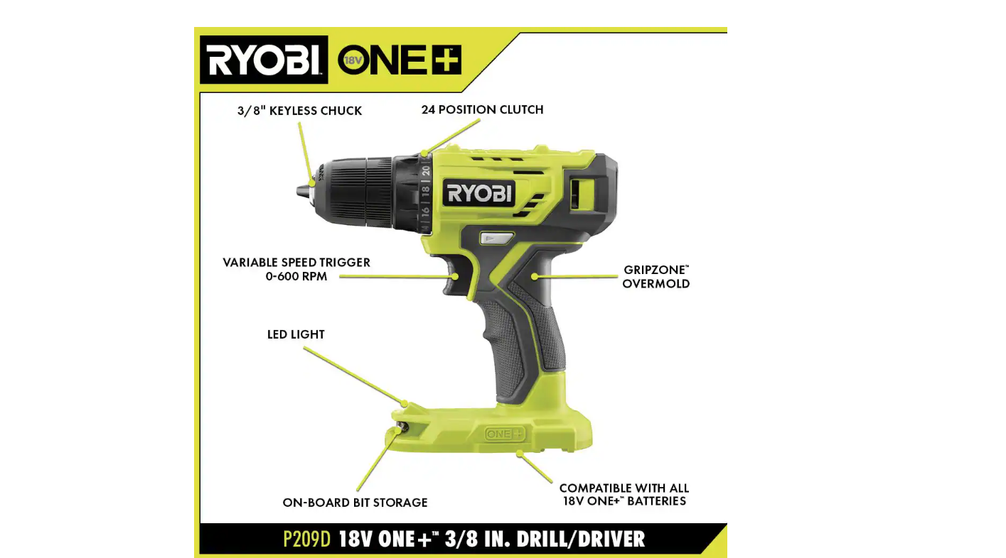 RYOBI PDD209K ONE+ 18V Cordless 3/8 in. Drill/Driver Kit with 1.5 Ah Battery and Charger