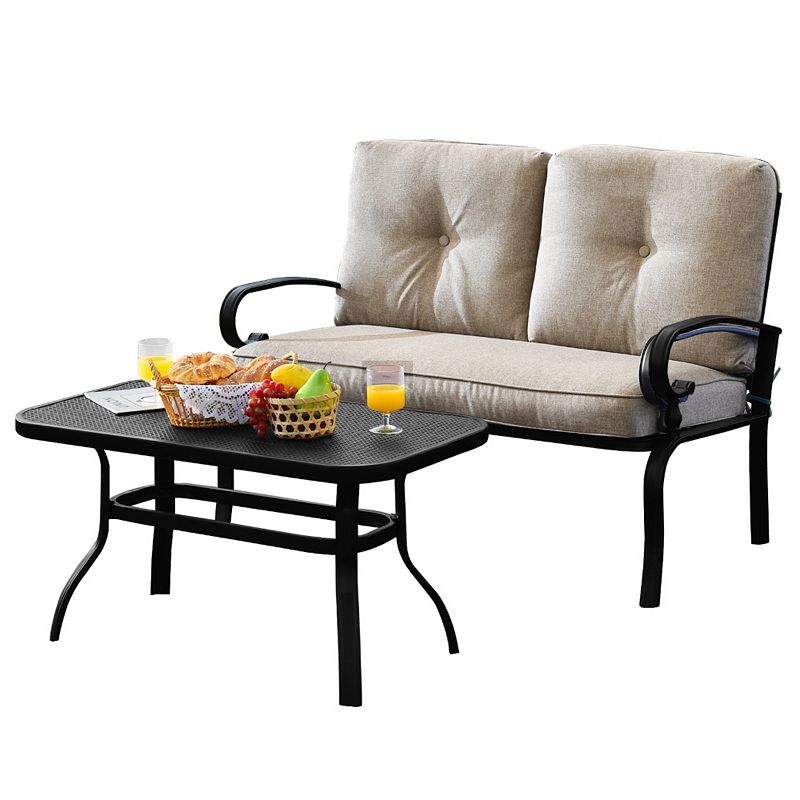 2 Pieces Patio Loveseat Bench Table Furniture Set with Cushioned Chair