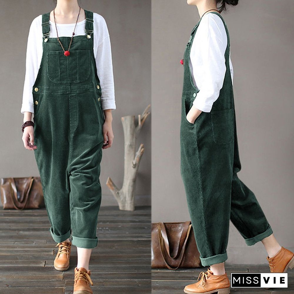 Corduroy Jumpsuits Women Strappy Casual Loose Dungaree Bib Cargo Pants Overalls