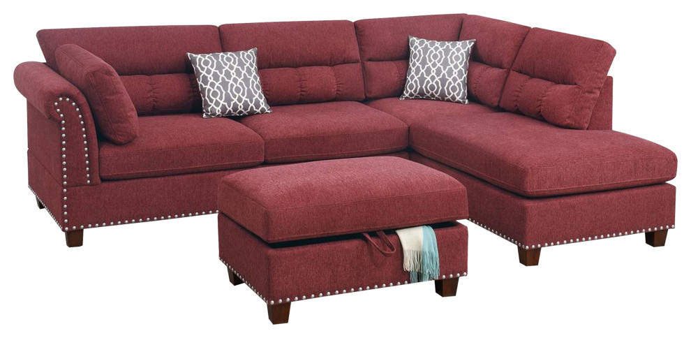 Benzara BM268870 3 Piece Sectional Sofa With Reversible Chaise and Ottoman  Red   Contemporary   Sectional Sofas   by Uber Bazaar  Houzz