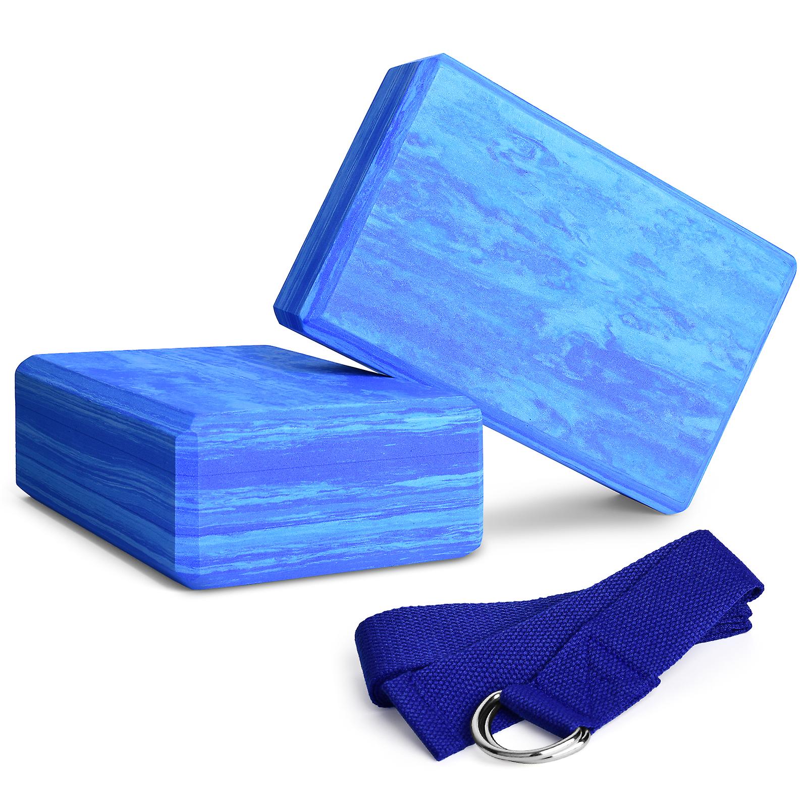 2pcs Eva Yoga Blocks With 1pcs Stretching Strap For Yoga Pilates Improve Strength Aid Balance And Flexibility Blue Medium