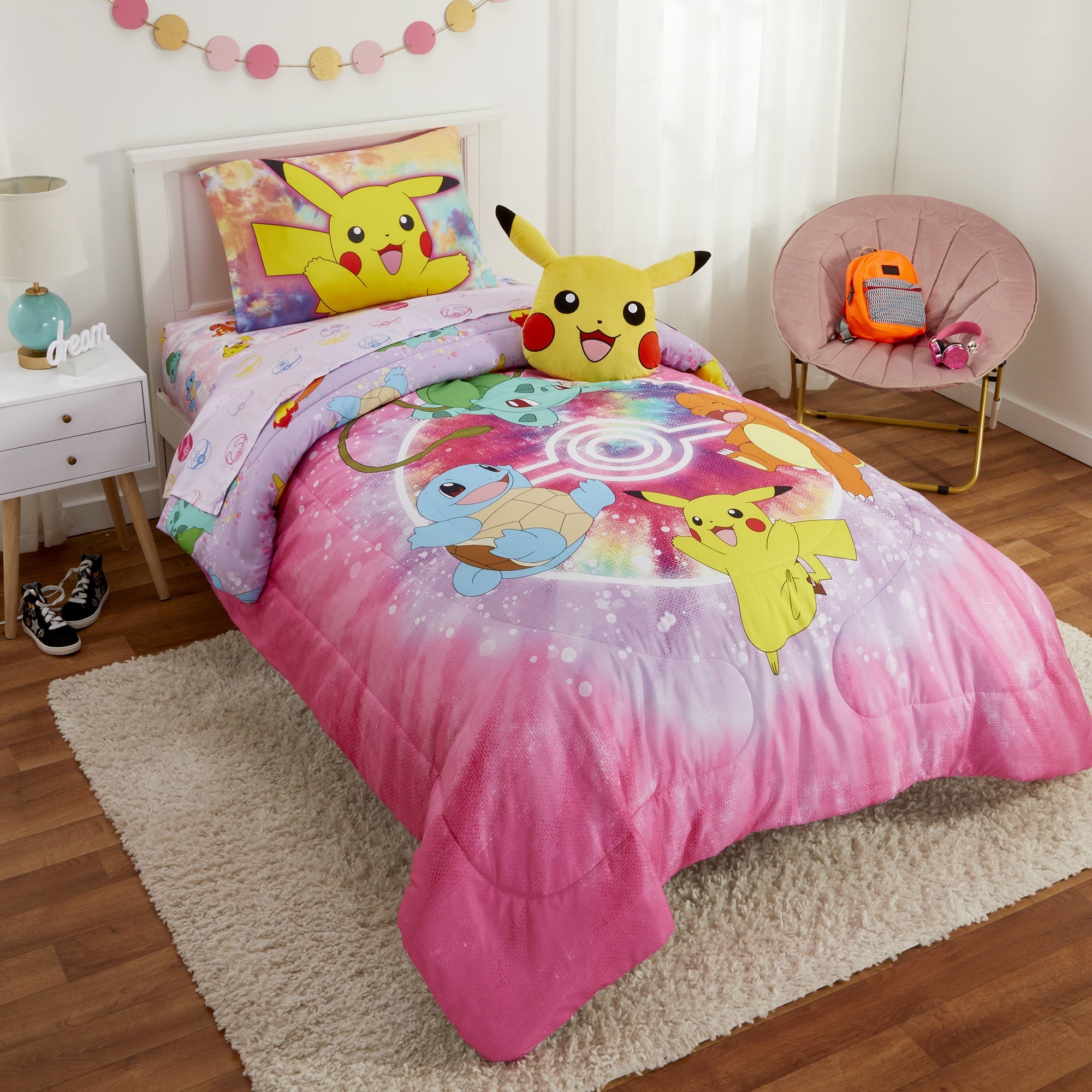 Pokémon Kids Twin Bed in a Bag, Tie-Dye, Gaming Bedding, Comforter and Sheets, Purple