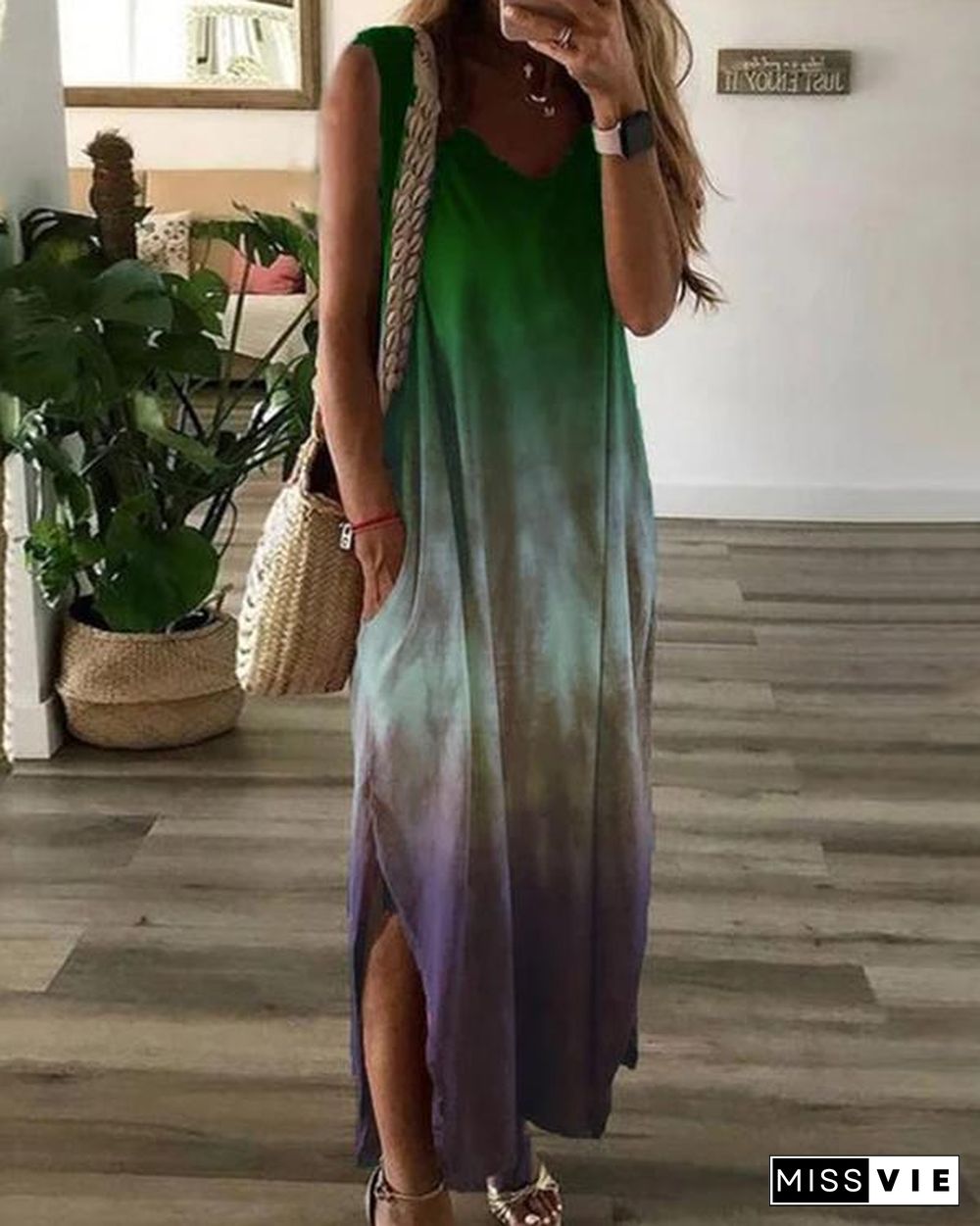 Women V Neck Ombre/tie-Dye Shift Casual Dresses