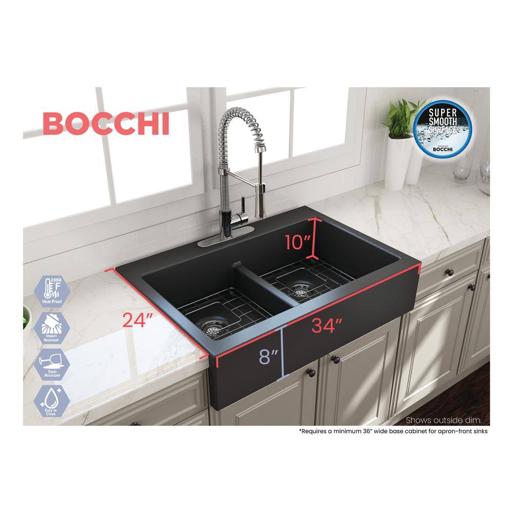 BOCCHI Nuova Matte Dark Gray Fireclay 34 in. Double Bowl Drop-In Apron Front Kitchen Sink with Protective Grids and Strainers 1501-020-0127