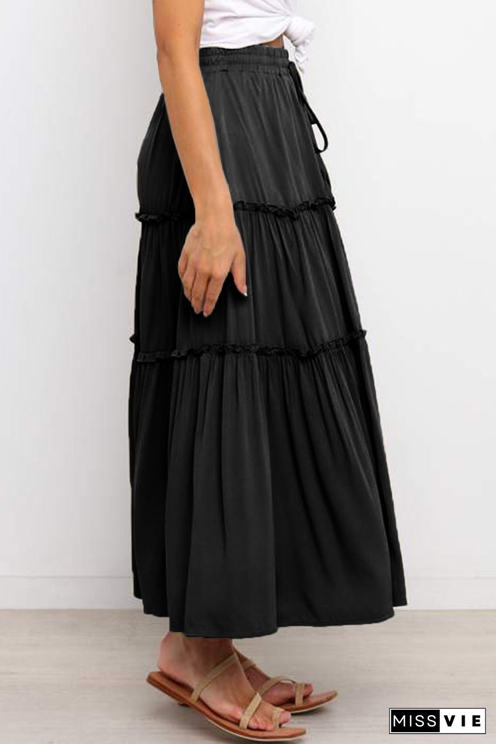 Black Solid Layered Ruffled Drawstring High Waist Maxi Skirt