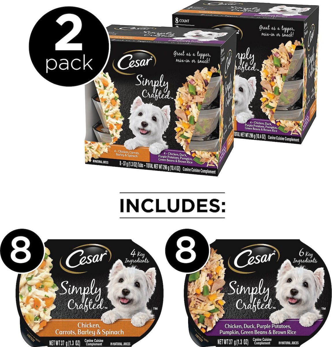 Cesar Simply Crafted Chicken， Duck， Purple Potatoes， Pumpkin， Green Beans and Brown Rice and Chicken， Carrots， Barley and Spinach Variety Pack Wet Dog Food Meal Topper， 1.3-oz tub， case of 16