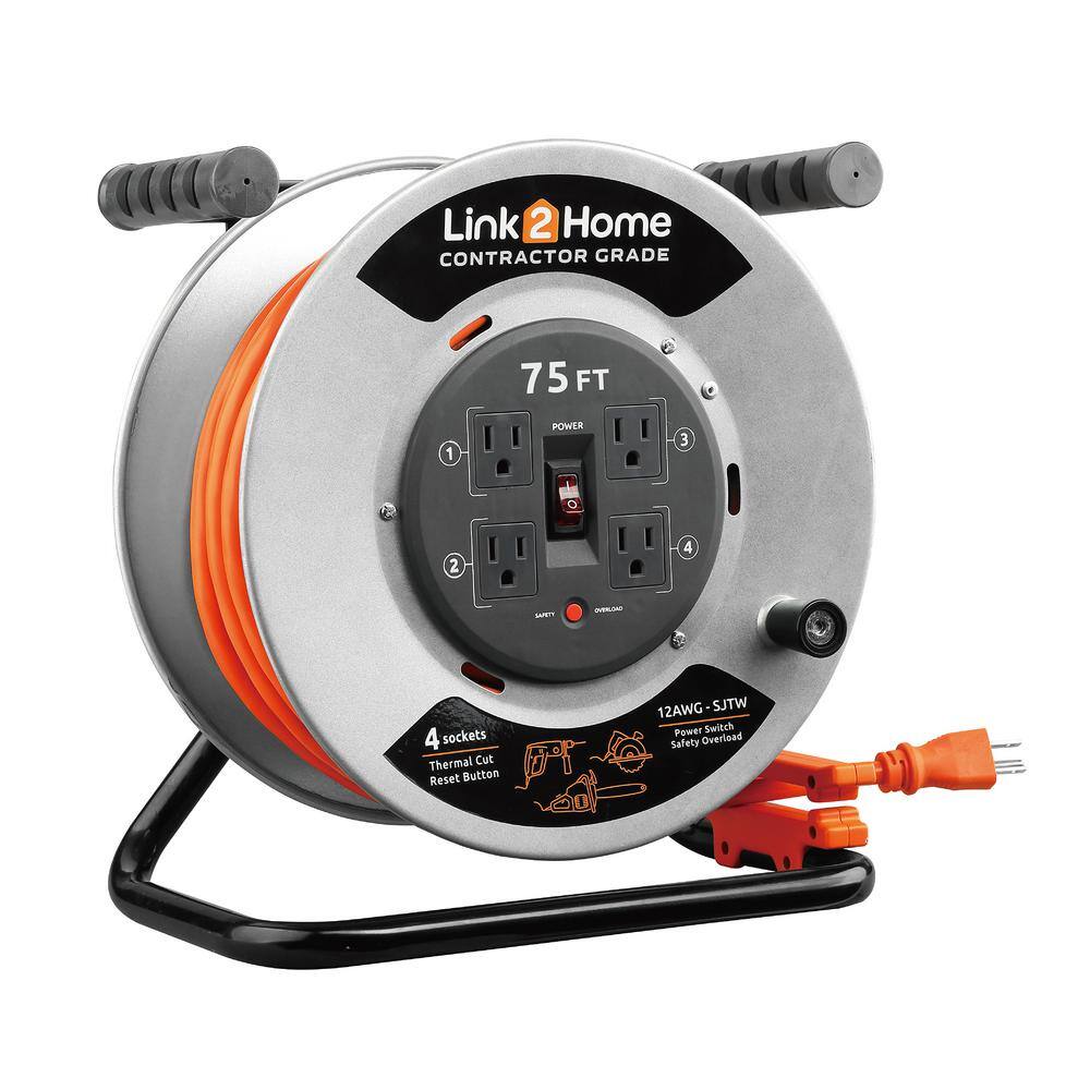 Link2Home 75 ft. 123 Extension Cord Storage Reel with 4 Grounded Outlets and Overload Protection EM-CG-750E