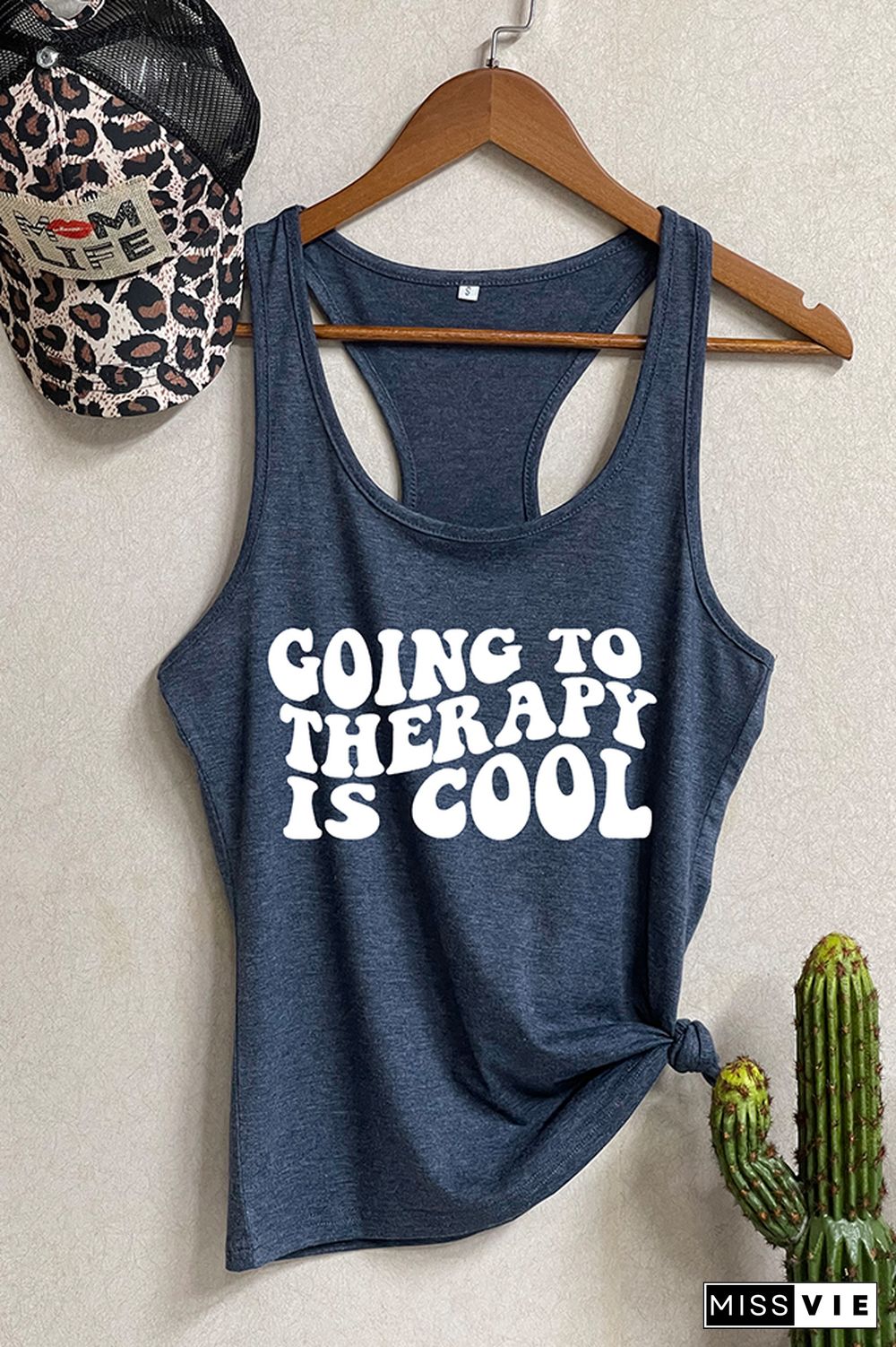 Going to Therapy is Cool Letter Print Graphic Tank Top