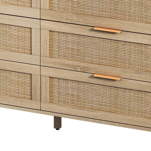 6 Drawer Dresser Rattan Storage Cabinet Modern Chest with Drawers， Storage Closet Dressers Chest of Drawers for Bedroom - - 37851502