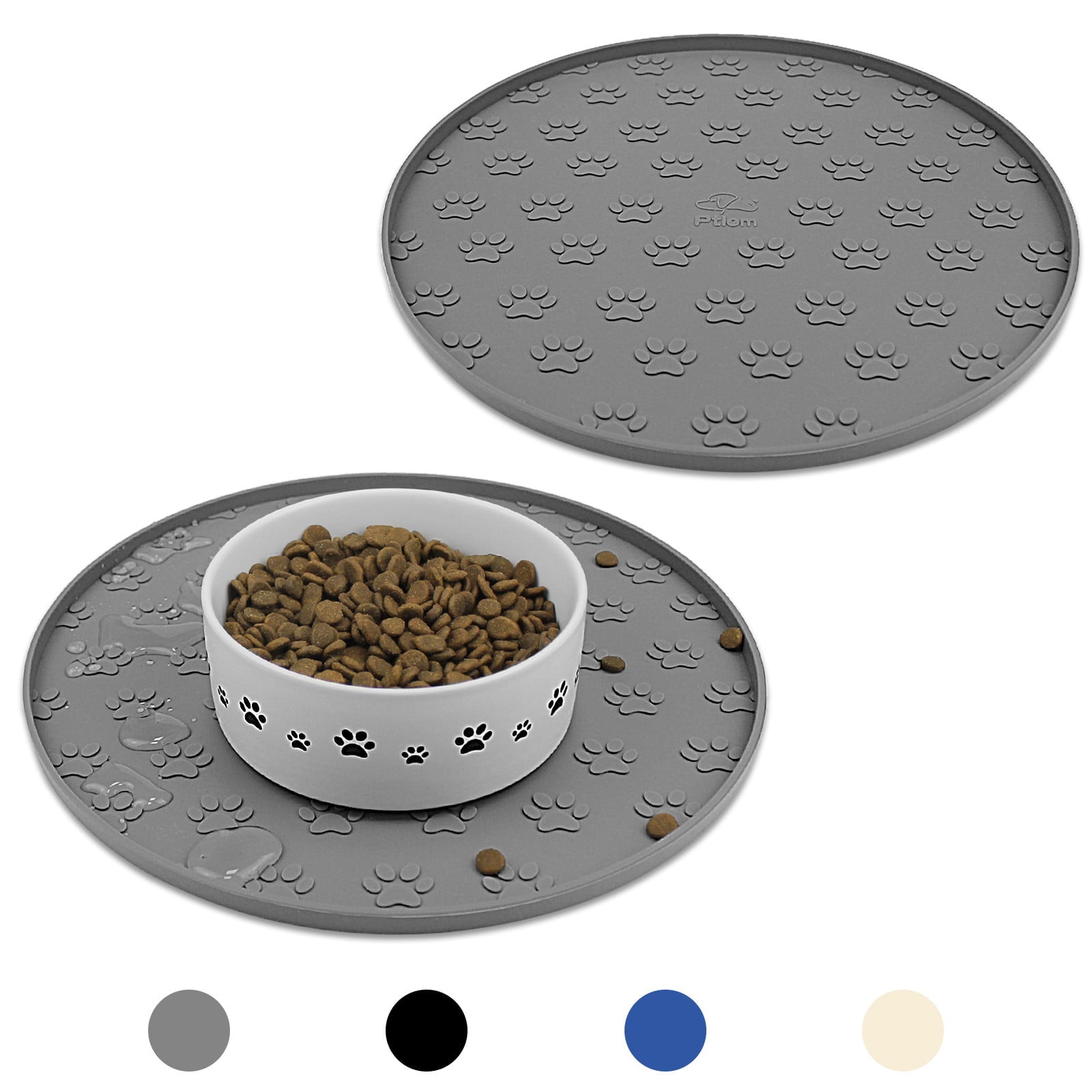 Ptlom 2Pcs Pet Placemat for Dog and Cat Bowl Mat for Prevent Food and Water Overflow Silicone Pet Feeding Mat，Gray