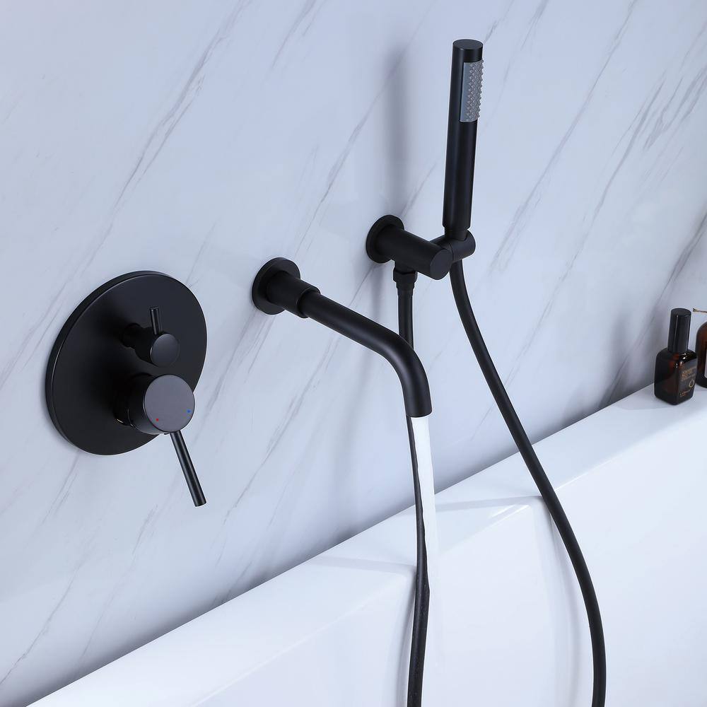 FLG Double-Handle Wall-Mount Roman Tub Faucet with Hand Shower Brass Bathtub Filler in Matte Black KK-0040-MB