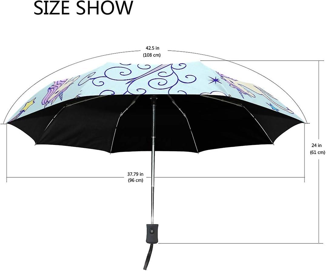 Travel Umbrella Automatic Windproof Foldable Umbrella Unicorn Theme On Light Blue