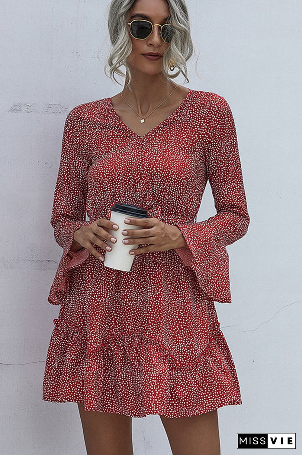 Polka Dot Print V Neck Tie Waist Casual Dress