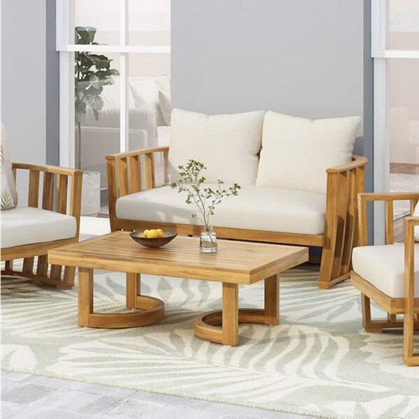 Outdoor Acacia Wood Loveseat and Coffee Table Set with Cushions，Teak，Beige