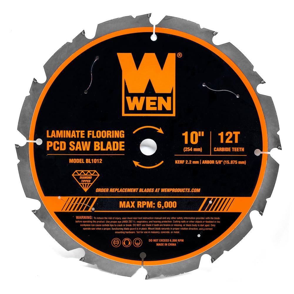 WEN 10 in. 12-Tooth Diamond-Tipped (PCD) Professional Circular Saw Blade for Fiber Cement and Laminate Flooring BL1012