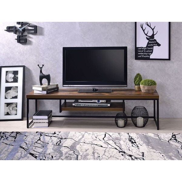 Industrial Bob TV Stand Matching Black MetalandWeathered Oak with 1 Center Media Shelf， Metal Sled Base and Crossbar Support