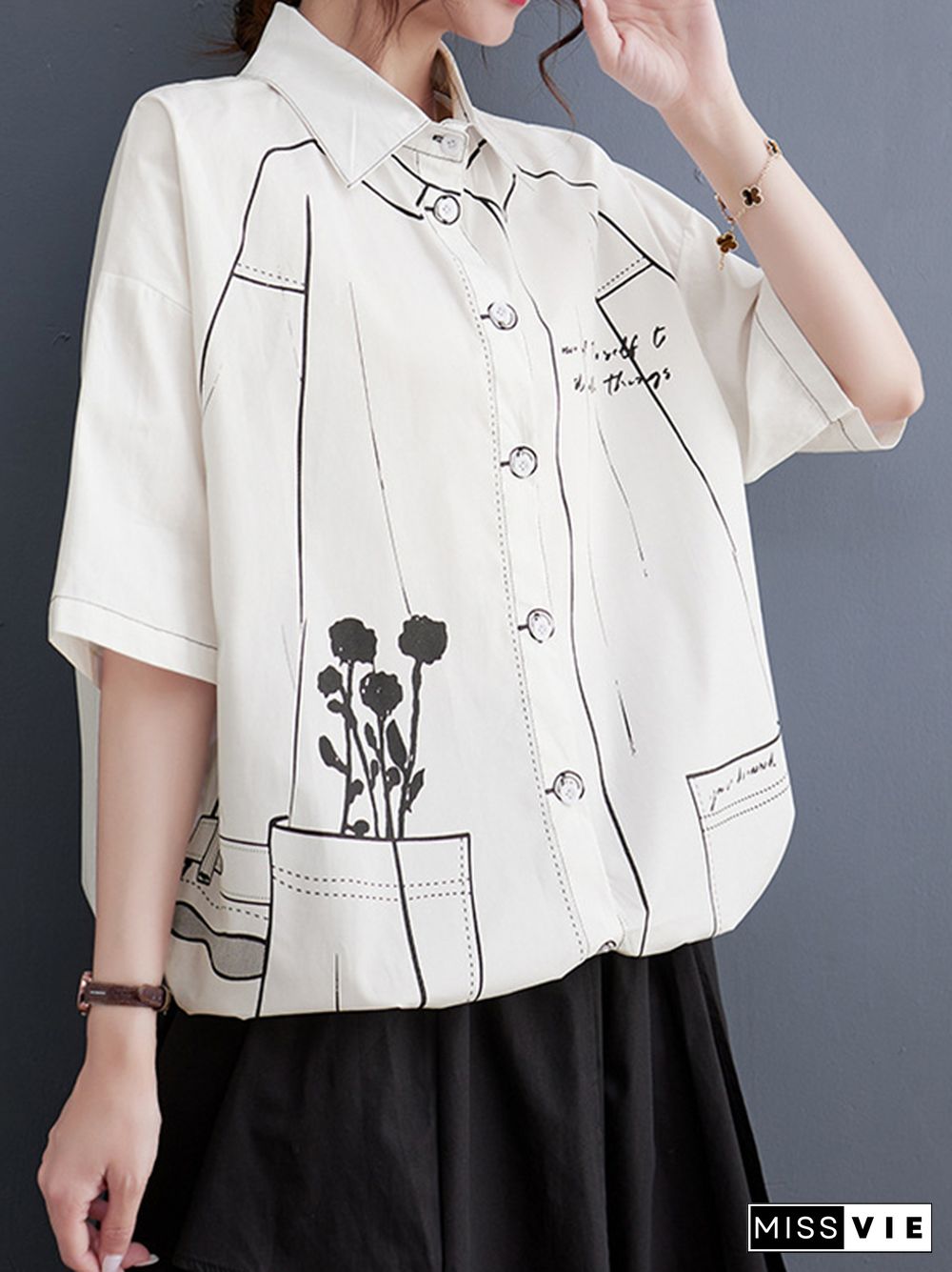 Loose Short Sleeves Contrast Color Printed Split-Joint Lapel Blouses