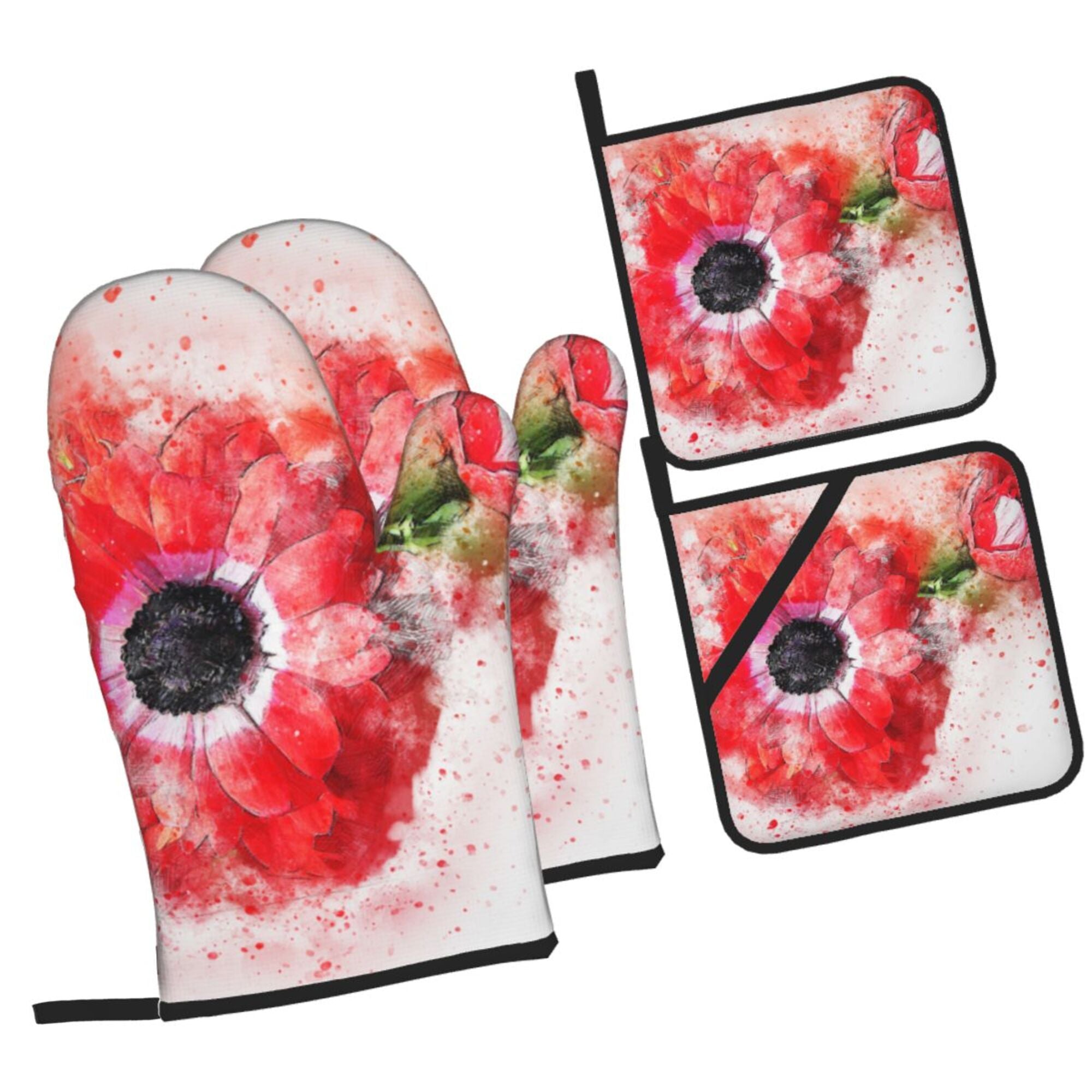 YFYANG Oven Mitts and Pot Holders Sets 4 Pieces， Non-Slip Heat Resistant Watercolor Red Flower Art Kitchen Glove Pot Mat for Cooking and Baking