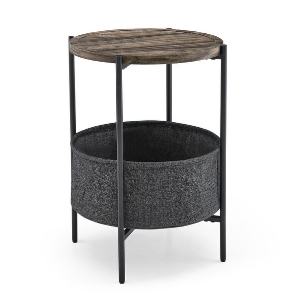 Modern Accent End Table with Storage Basket，Grey Cloth Bag and Brown Top （18