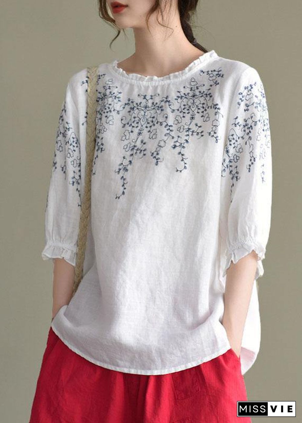 Handmade Navy lantern Sleeve O-Neck Embroideried Summer Ramie Blouses