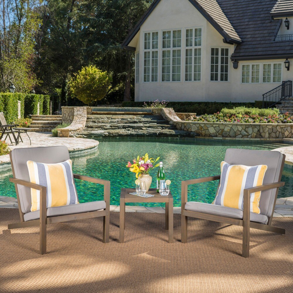 Leah Outdoor 3 piece Acacia Wood Chat Set with Cushions by Christopher Knight Home