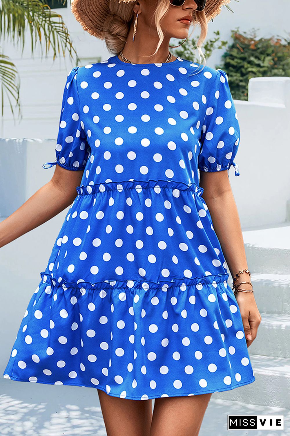 Polkadot Short Sleeves Splicing Ruffle Dress