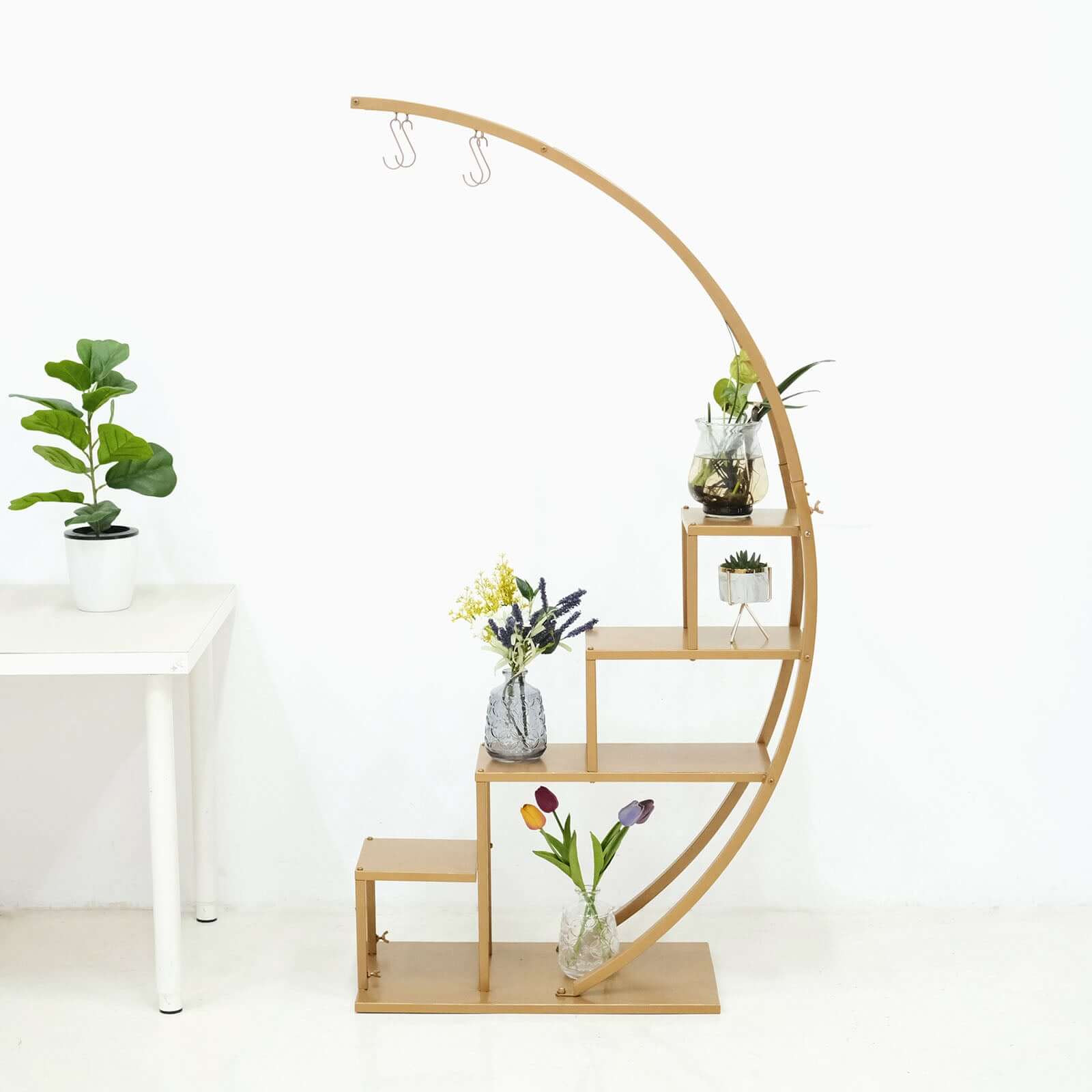 Gold Metal 4-Tier Half Moon Plant Shelf Rack With Hanging Hooks, Cupcake Dessert Display Stand 4.5ft