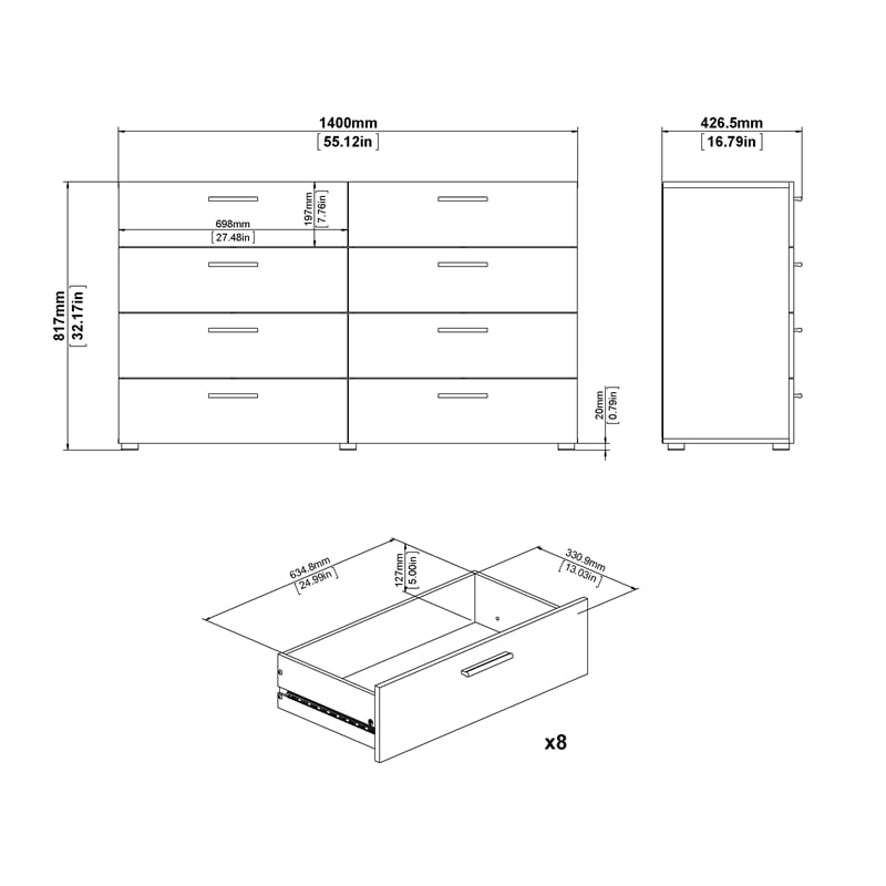 Loft 8 Drawer Double Dresser, Oak Structure