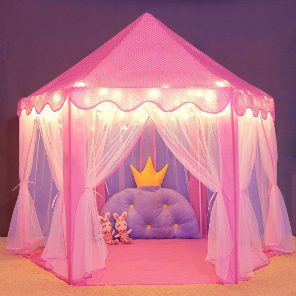 Watnature Kids Play Tent with LED Lights Princess Castle Tent Hexagon Large Playhouse Toys for Children Indoor Outdoor Games Warmtent