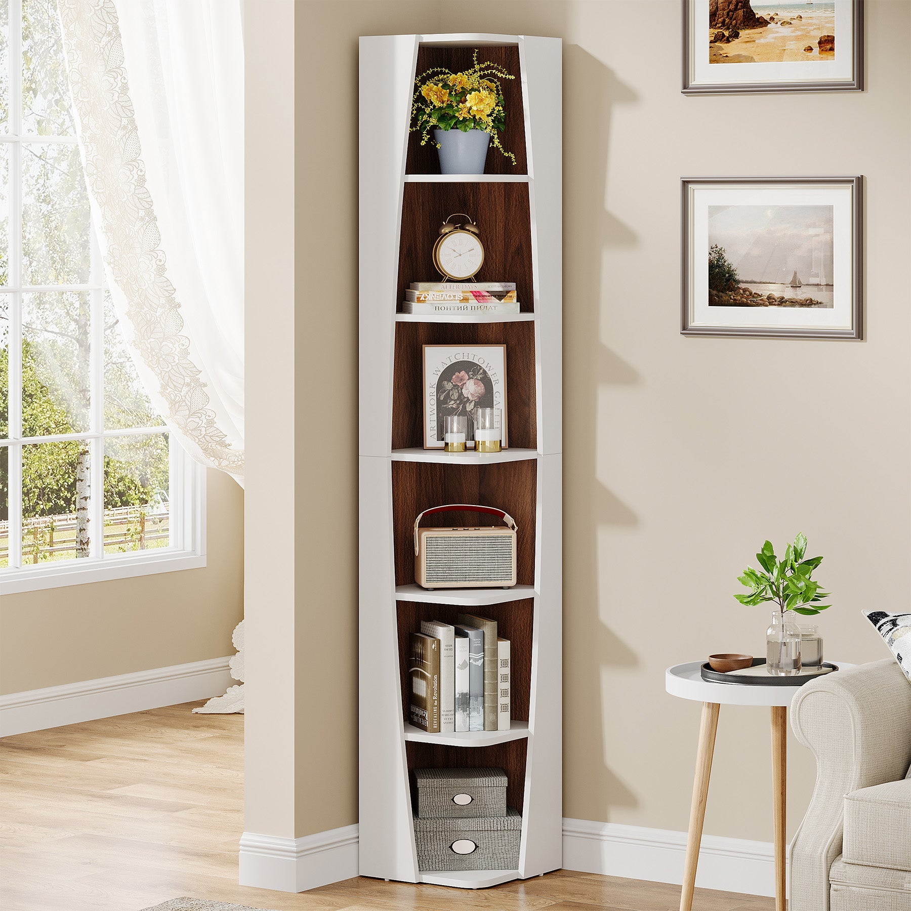 70.9 Corner Bookshelf, 6-Tier Bookcase Display Shelves with Storage