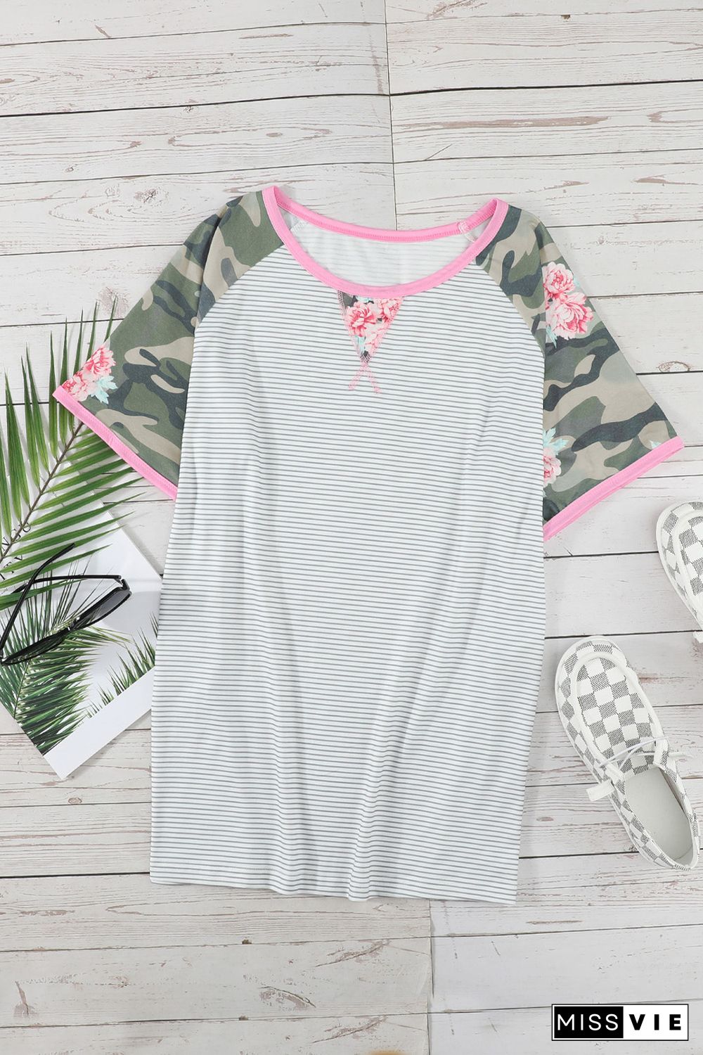 Gray Plus Size Camo Sleeve Striped Tee