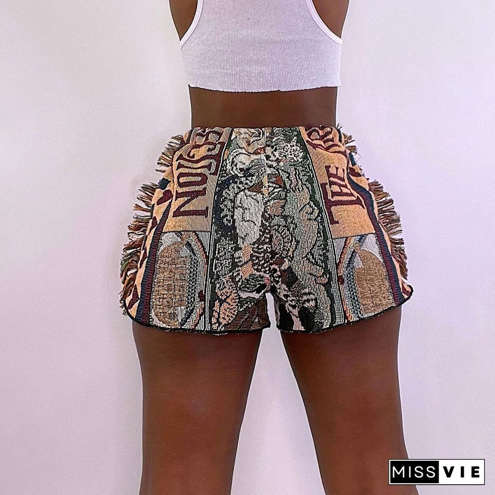 Pattern Print Tassel Side Mid Waist Shorts