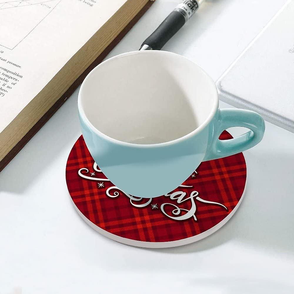 1pc Round Christmas On Red Tartan Ceramic Coasters With Cork-backed For Coffee Drink Cup Mat Absorbent Stone Coasters