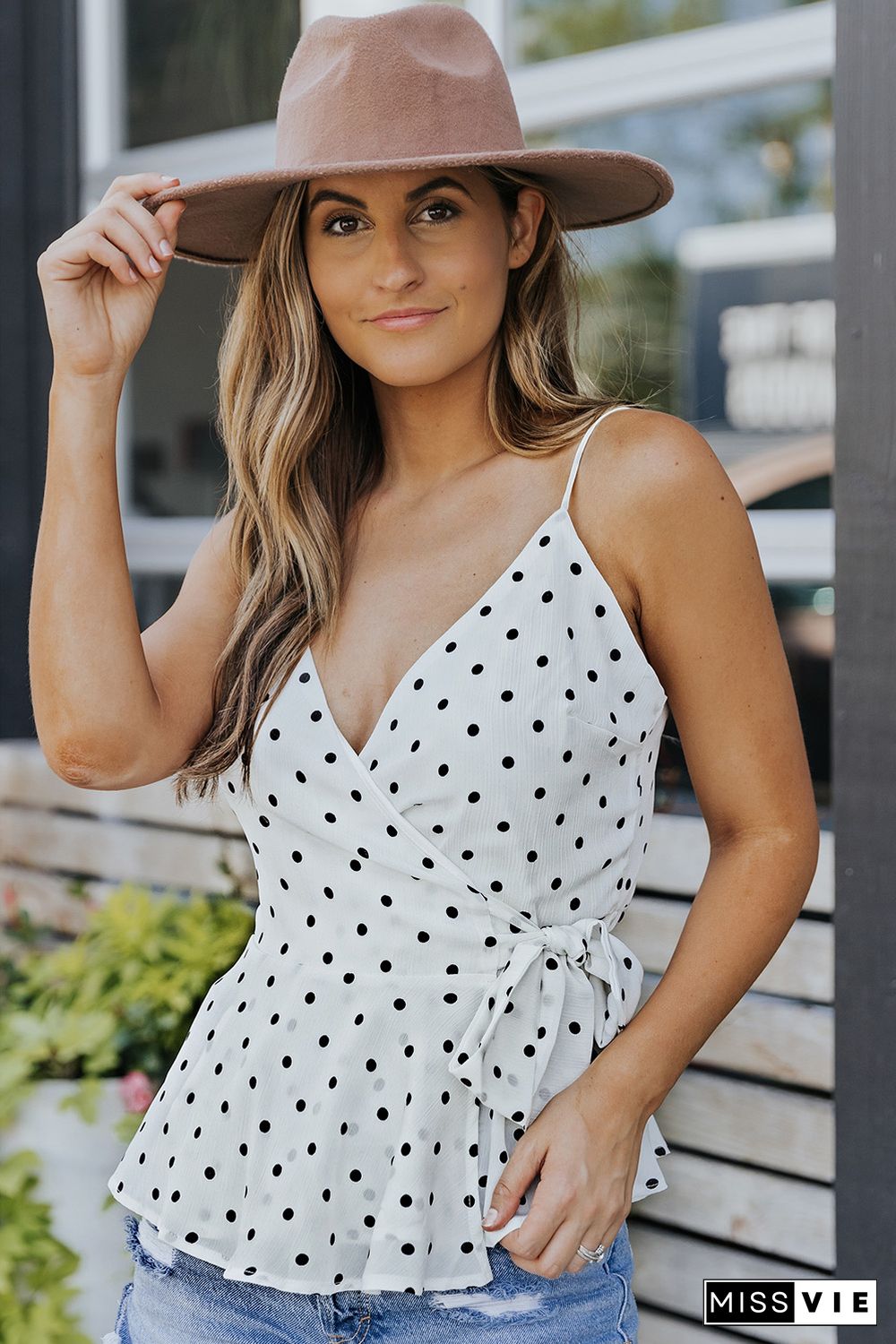 White Polka Dot Print Bow Knot Warp V Neck Cami Top