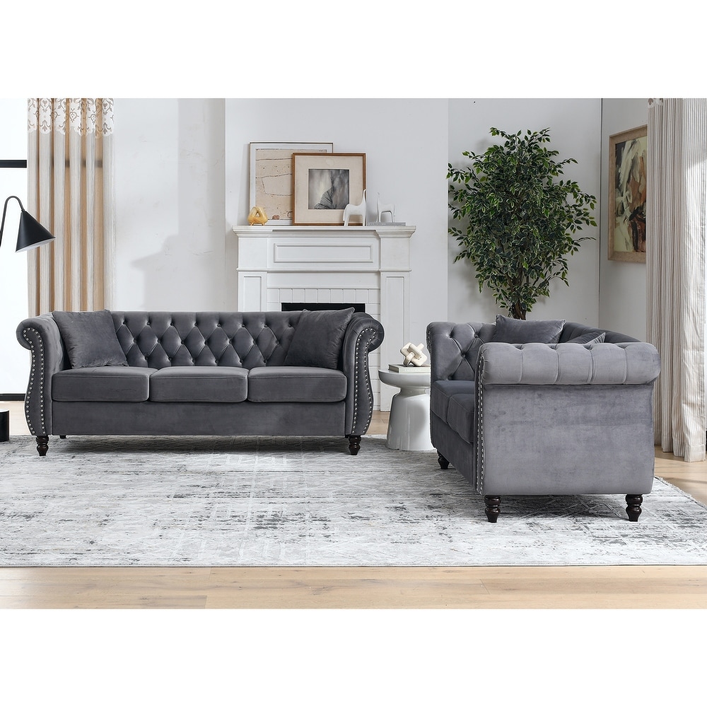 Velvet Chesterfield Sofa Set with Nailhead Trim and Tufted Low Back (Includes Pillows  3 Seater + Loveseat)