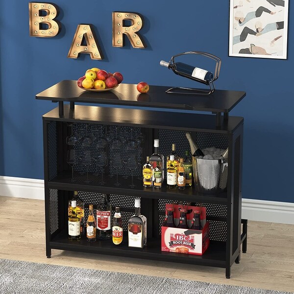 3 Tier Home Bar Unit， Wine Bar Table with Stemware Racks and Shelves