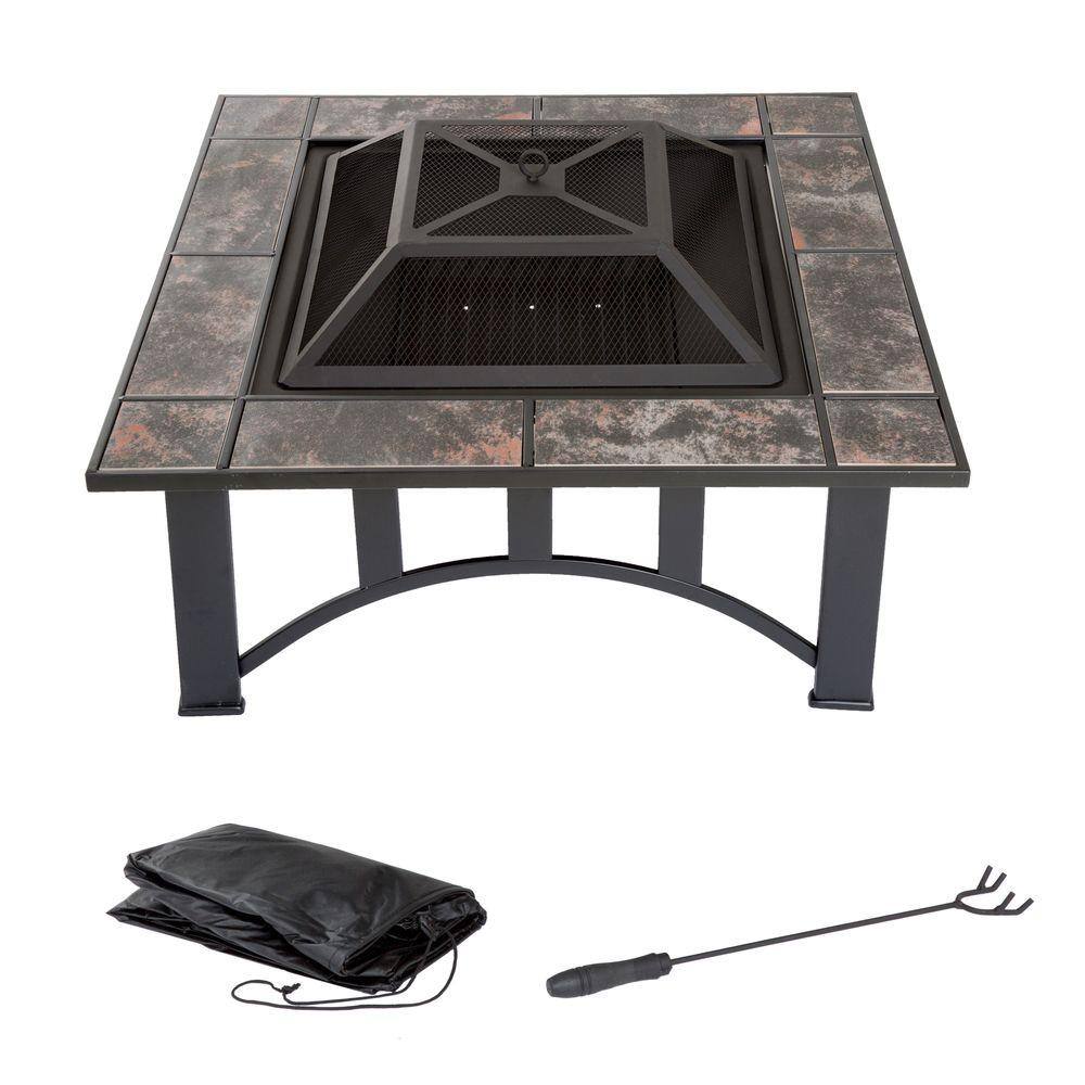 Pure Garden 33 in. Square Steel Tile Fire Pit with Cover M150019